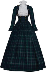 Elegant Victorian Dickens Caroler Cosplay Dress | Green Plaid Holiday Attire - Halloweez