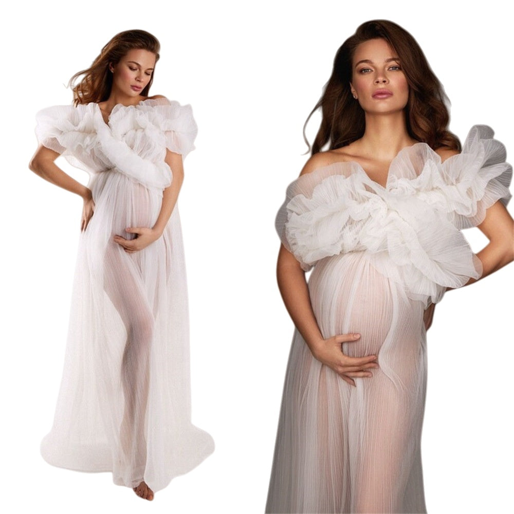 Off Shoulder Crinkle Sheer Maternity Cosplay Dress for Pregnancy Photos White Pink Lace Evening Gown - Halloweez