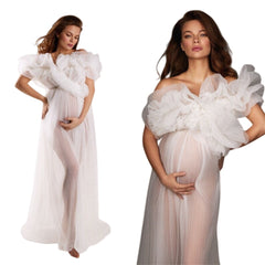 Off Shoulder Crinkle Sheer Maternity Cosplay Dress for Pregnancy Photos White Pink Lace Evening Gown - Halloweez