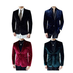 2025 New Fashion Glossy Velvet Gold Foil Print Men's Slim Fit Blazer Jacket - Trendy Cosplay Suit for Halloween Parties - Halloweez