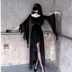 Mrs Addams Vampire Cosplay Dress, Custom Bat Sleeve Long Gown for Halloween Show