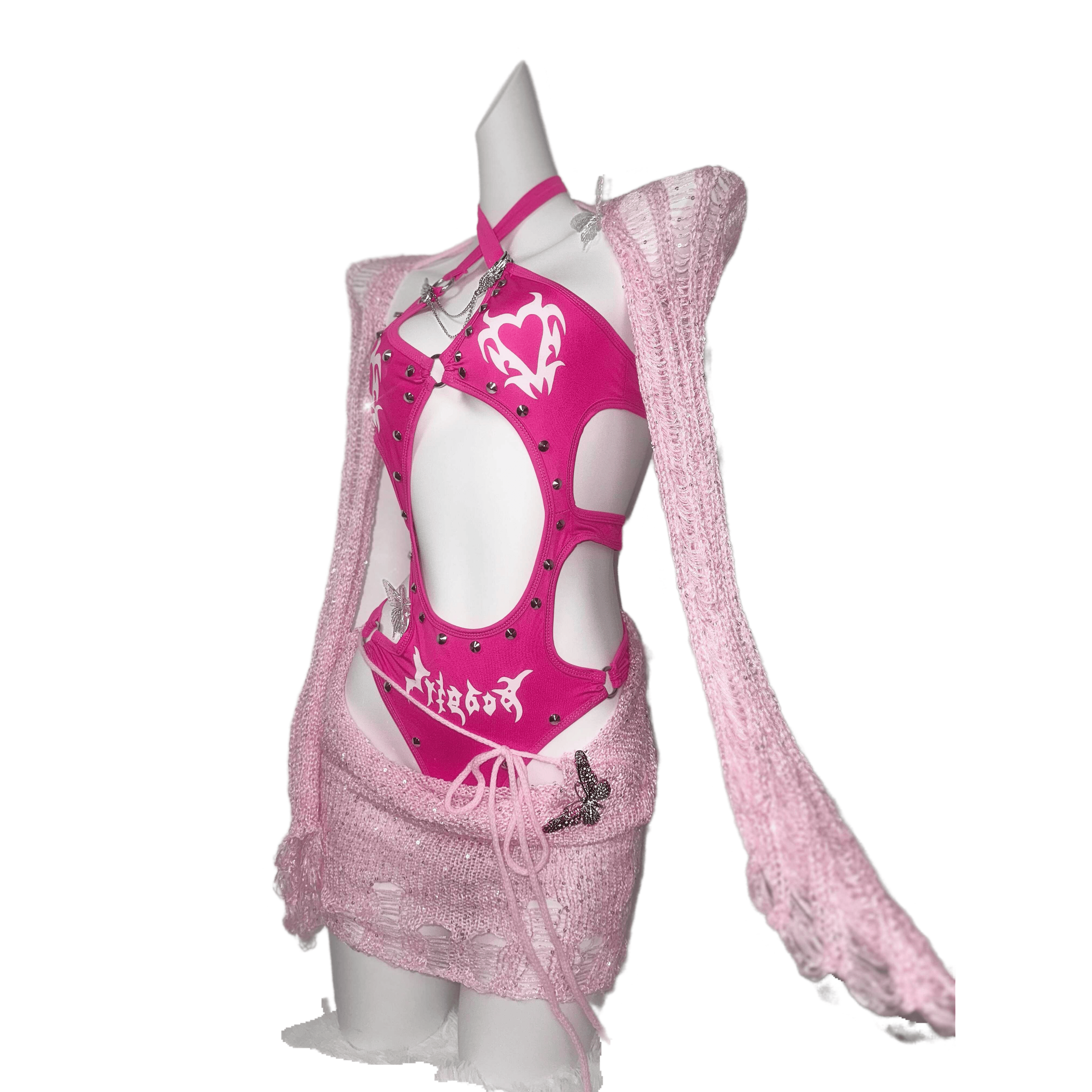 TDH Original Barbie Pink Glitter 3D Studded Cutout Bodysuit + Distressed Knit Mini Skirt Hot Girl Cosplay Costume Set - Halloweez