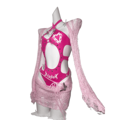 TDH Original Barbie Pink Glitter 3D Studded Cutout Bodysuit + Distressed Knit Mini Skirt Hot Girl Cosplay Costume Set - Halloweez