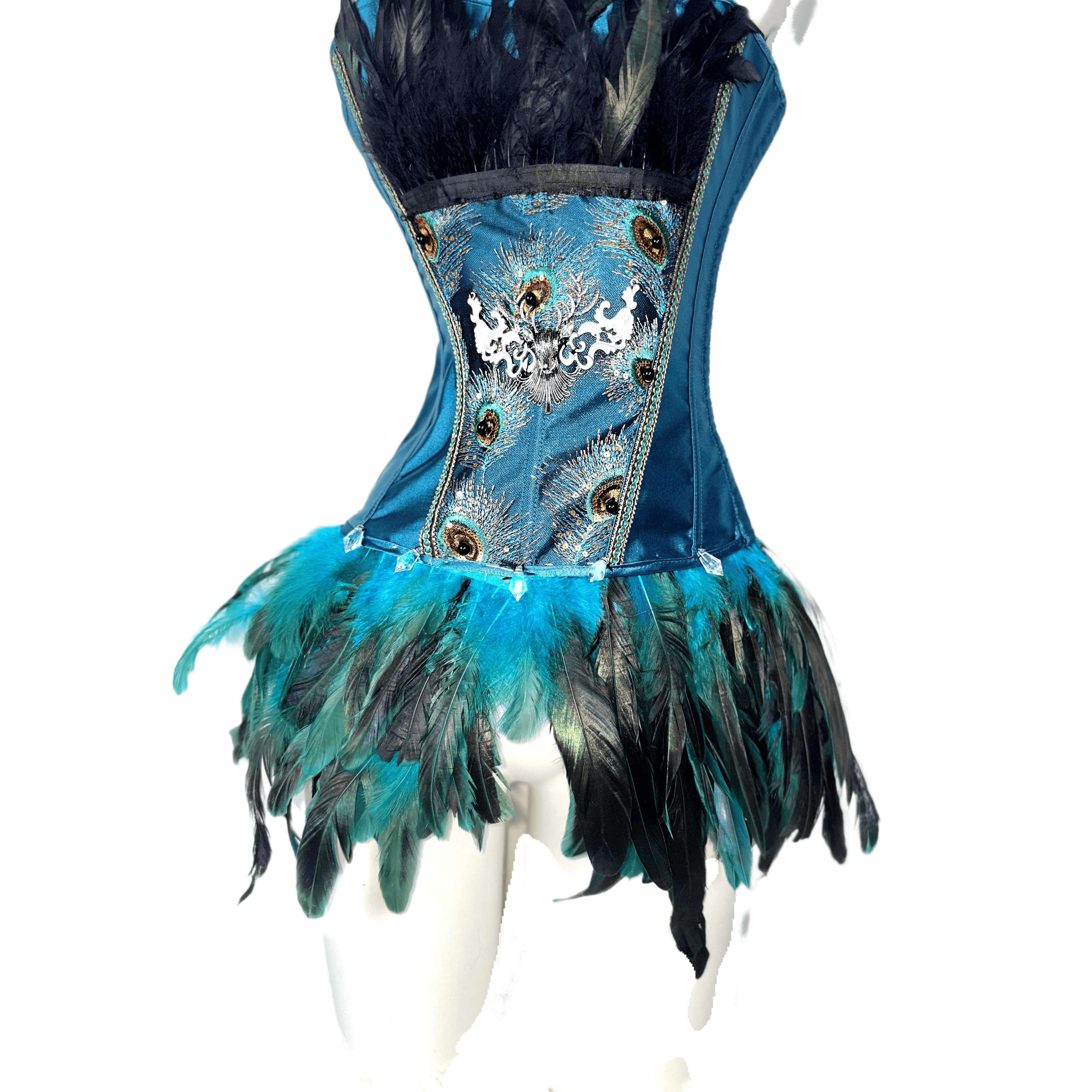 TDH Original Handmade Blue Green Peacock Gothic Dark Lace-Up Drawstring Feather Bustier Affordable Corset Top for Cosplay - Halloweez