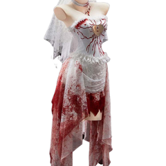 Halloweez Gothic White Bloody Bride Cosplay Costume Lace Hollow Out Dress for Halloween Anime Game Cosplay - Halloweez
