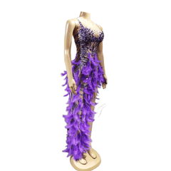 Colorful Feather Evening Gown Purple Party Dress with Pearls Rhinestones for Cosplay Halloween Costume - Halloweez