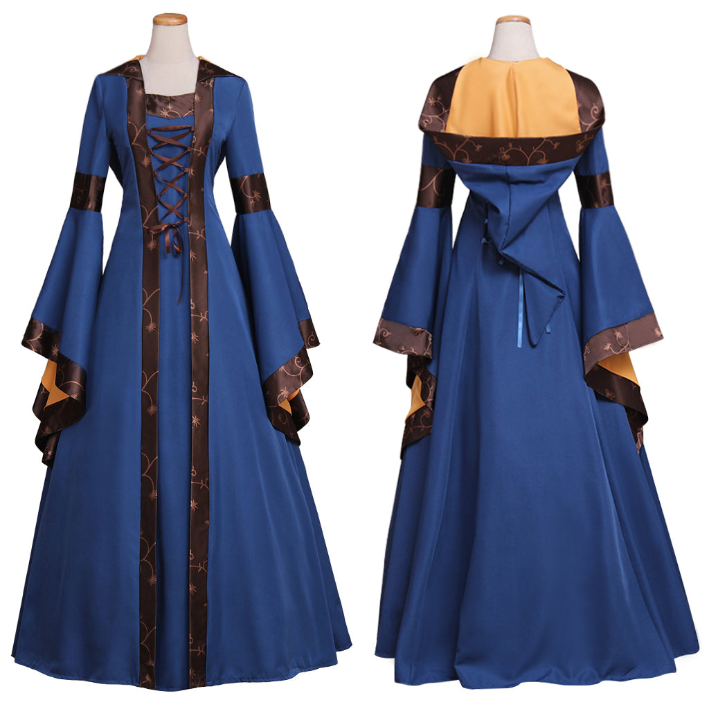 Elegant Flare Sleeve Medieval Hooded Dress - High Waist Lace Up Gothic Cosplay for Women - Halloweez