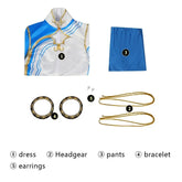 Halloweez Chun Li Cosplay Costume - Women's Blue Cheongsam Leggings Dress for Battle Suits and Festive Occasions - Halloweez