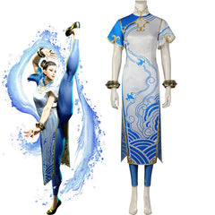 Halloweez Chun Li Cosplay Costume - Women's Blue Cheongsam Leggings Dress for Battle Suits and Festive Occasions - Halloweez