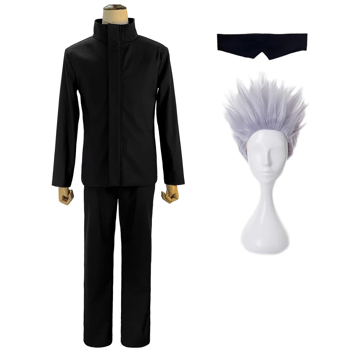 Halloweez Jujutsu Kaisen Satoru Gojo Cosplay Outfit with Black Uniform and Synthetic Wig - Halloweez