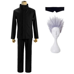 Halloweez Jujutsu Kaisen Satoru Gojo Cosplay Outfit with Black Uniform and Synthetic Wig - Halloweez