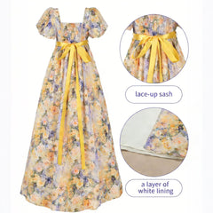 Women’s Bridgerton Style Regency Dress | Floral Maxi Gown with Puff Sleeves & Oil Painting Print - Halloweez