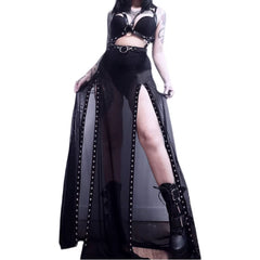 Gothic High Waist Split Sheer Mesh Long Skirt For Halloween Cosplay