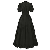 Women’s Black Ruffled Midi Dress – Vintage High Neck Smocked Waist Tiered Gothic & Maid Cosplay Costume - Halloweez