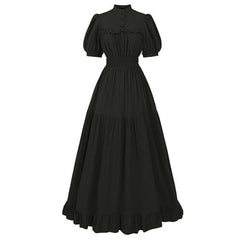 Women’s Black Ruffled Midi Dress – Vintage High Neck Smocked Waist Tiered Gothic & Maid Cosplay Costume - Halloweez