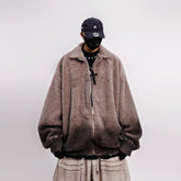 Men Oversized Hip‑Hop Mohair Knit Jacket Retro Embroidered Zip‑Up Collared Coat