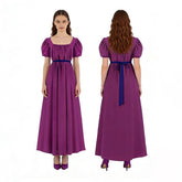 Bridgerton Inspired Women’s Regency Dress – Square Neck Empire Waist Maxi Gown with Puff Sleeves for Renaissance Fair, Tea Party & Historical Cosplay - Halloweez