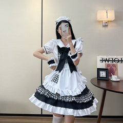 Cute Gingham Lolita Maid Cosplay Costume, Custom Plus Size Available