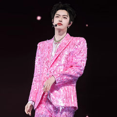 ONER Star Same Pink Sequin Suit Custom Performance Costume for Male Singer Stage Show