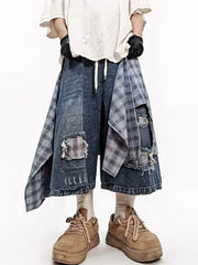Men Hip‑Hop Detachable Apron Denim Shorts Vintage Wide‑Leg Cropped Pants