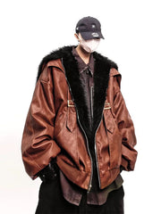 Men Vintage Faux Leather Parka Loose Fur‑Trim Winter Warm Coat Jacket