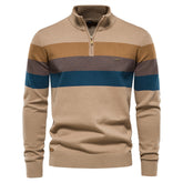 Men Half‑Zip Striped Knit Sweater, Stand Collar Pullover for Autumn Winter