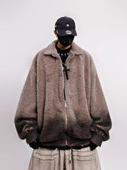Men Oversized Hip‑Hop Mohair Knit Jacket Retro Embroidered Zip‑Up Collared Coat