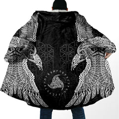 Viking Raven Print Hooded Cloak Fleece Warm Button‑Up House Coat