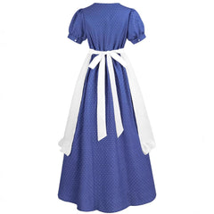 Women’s Blue Polka Dot Pioneer Dress with Apron – Vintage Maid Costume for Farm Roleplay, Cosplay, and Themed Events - Halloweez
