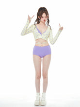 Stylish Purple 3 Piece Tankini Long Sleeve Tie Band Swimwear for Women - Halloweez
