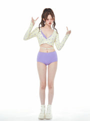 Stylish Purple 3 Piece Tankini Long Sleeve Tie Band Swimwear for Women - Halloweez