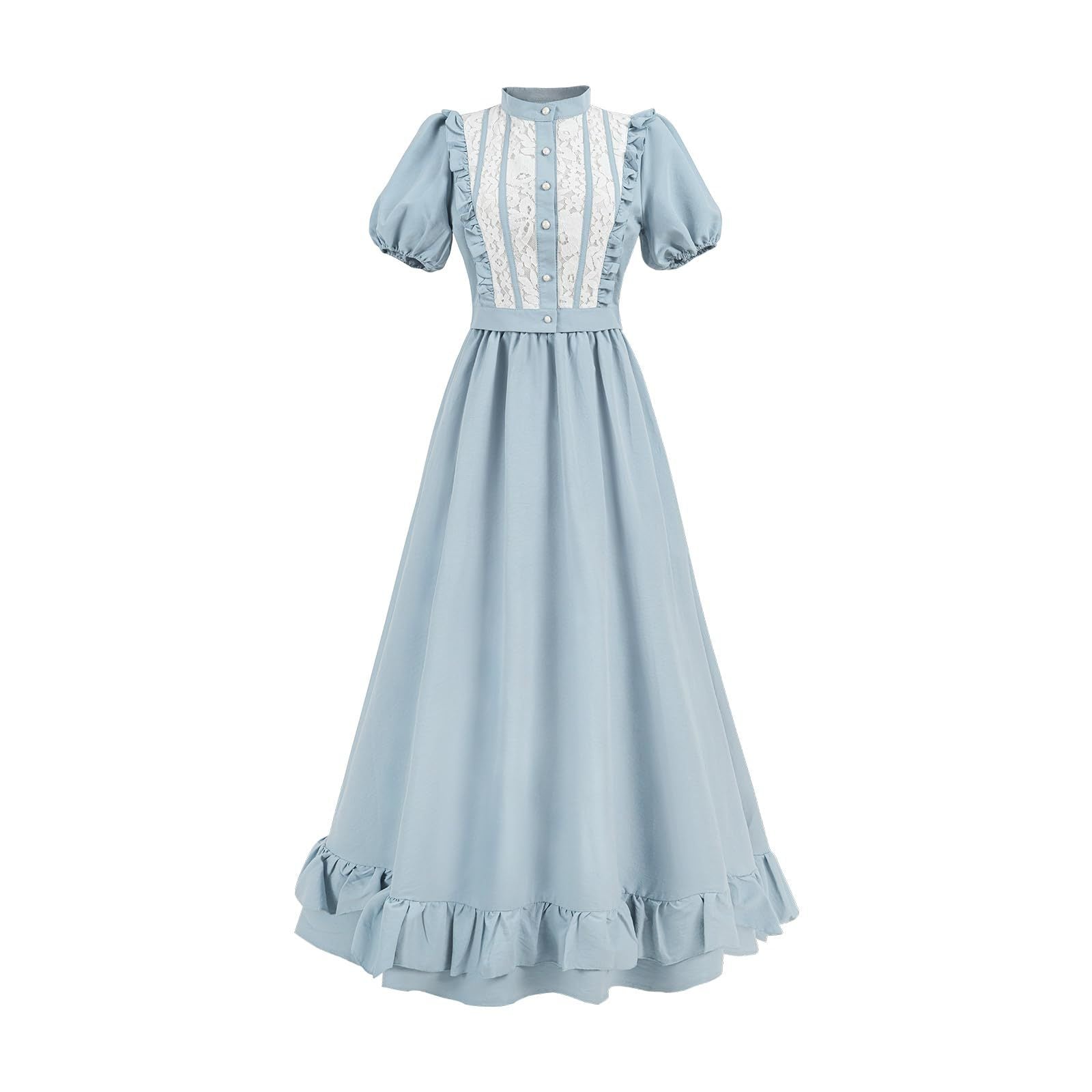 Women’s Light Blue Lace Vintage Midi Dress, Puff Sleeve Ruffle Hem Cottagecore Outfit - Halloweez