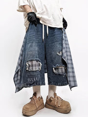 Men Hip‑Hop Detachable Apron Denim Shorts Vintage Wide‑Leg Cropped Pants