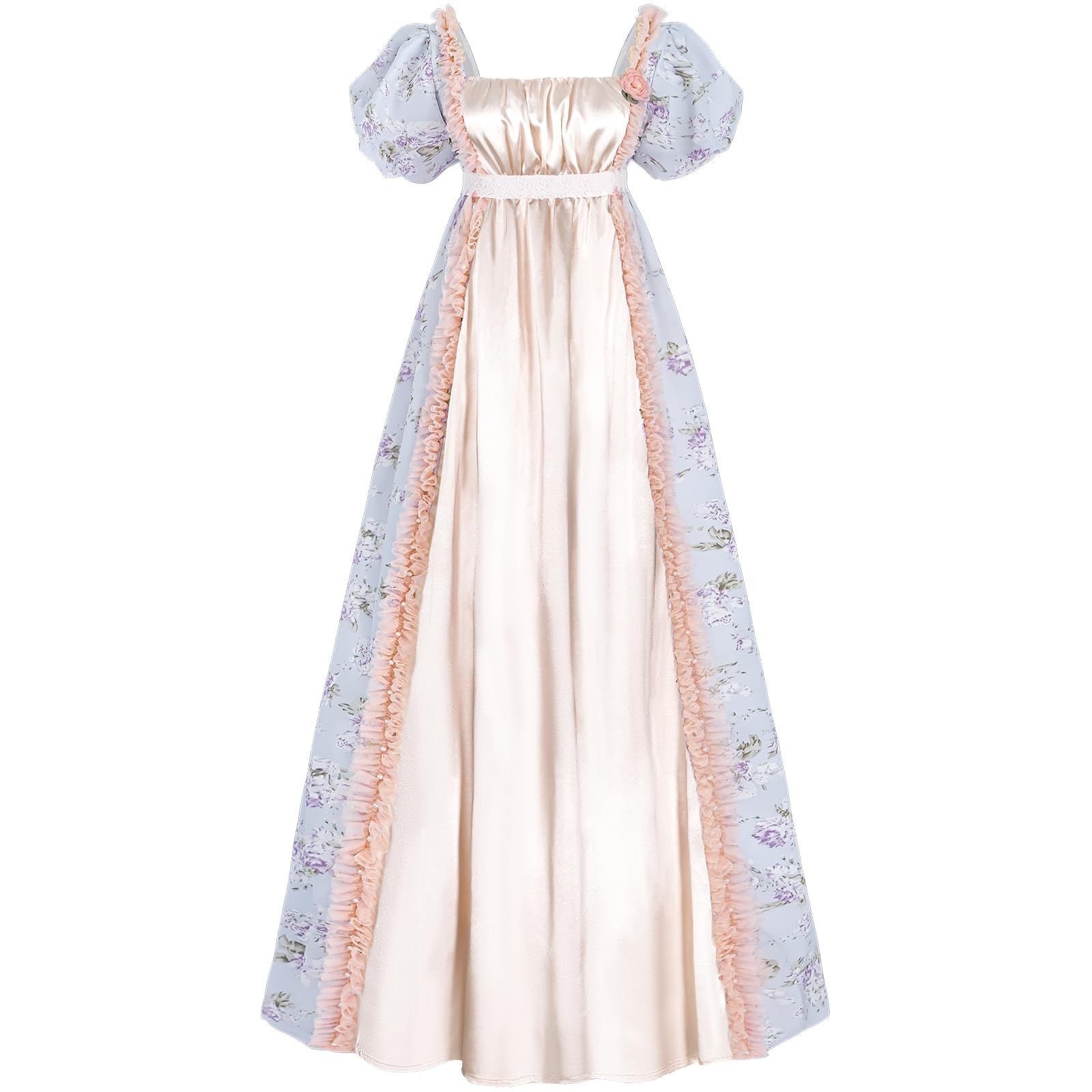 Bridgerton Inspired Women’s Regency Era Floral Maxi Dress – Puff Sleeve Empire Waist Gown for Cosplay & Themed Events - Halloweez