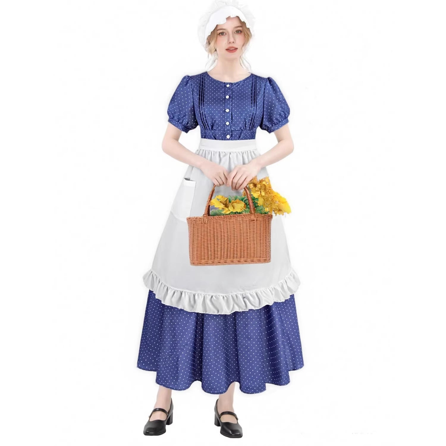 Women’s Blue Polka Dot Pioneer Dress with Apron – Vintage Maid Costume for Farm Roleplay, Cosplay, and Themed Events - Halloweez