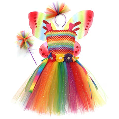Kids Rainbow Butterfly Fairy Tutu Dress Set for Dance Performance Party