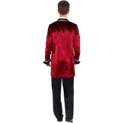 Dracula Meets Gothic Elegance: Men’s Vampire Cosplay Costume with Red Velvet Coat & Fangs Print Vest - Halloweez