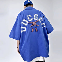 Men Oversized Hip‑Hop Short Sleeve Shirt Summer Thin Printed Loose Jacket