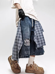Men Hip‑Hop Detachable Apron Denim Shorts Vintage Wide‑Leg Cropped Pants