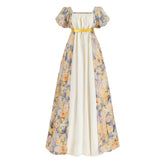 Women’s Bridgerton Style Regency Dress | Floral Maxi Gown with Puff Sleeves & Oil Painting Print - Halloweez