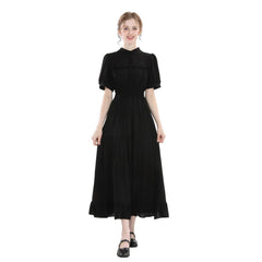 Women’s Black Ruffled Midi Dress – Vintage High Neck Smocked Waist Tiered Gothic & Maid Cosplay Costume - Halloweez