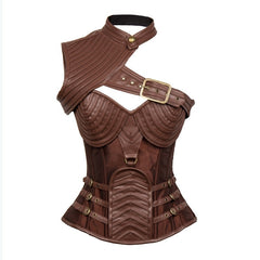 Medieval Dark Gothic Style Crusader Knightess Corset Top - Leather Look Bustier with Lace-Up Front and Adjustable Straps for Cosplay Costumes - Halloweez