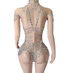 Elegant Lace Mesh Gown Evening Party Dress with Crystal Rhinestones High Neck Sleeveless Sheer Grid Pattern Ball Gown - Halloweez