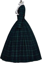 Elegant Victorian Dickens Caroler Cosplay Dress | Green Plaid Holiday Attire - Halloweez