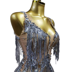 Fringe Dress Performance Costume Silver Dancewear Show Outfit Party Wear Sleeveless Halter Neck Performance Attire - Halloweez