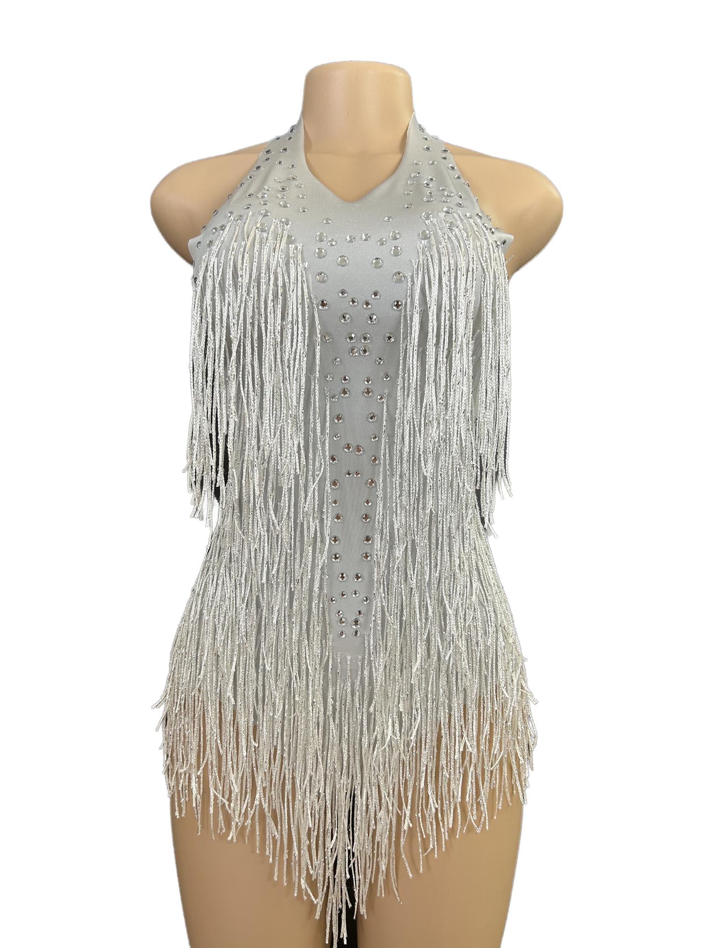 Latin Dance Halter Bodysuit with Fringe and Rhinestones - White Dance Performance Costume for Women - Halloweez