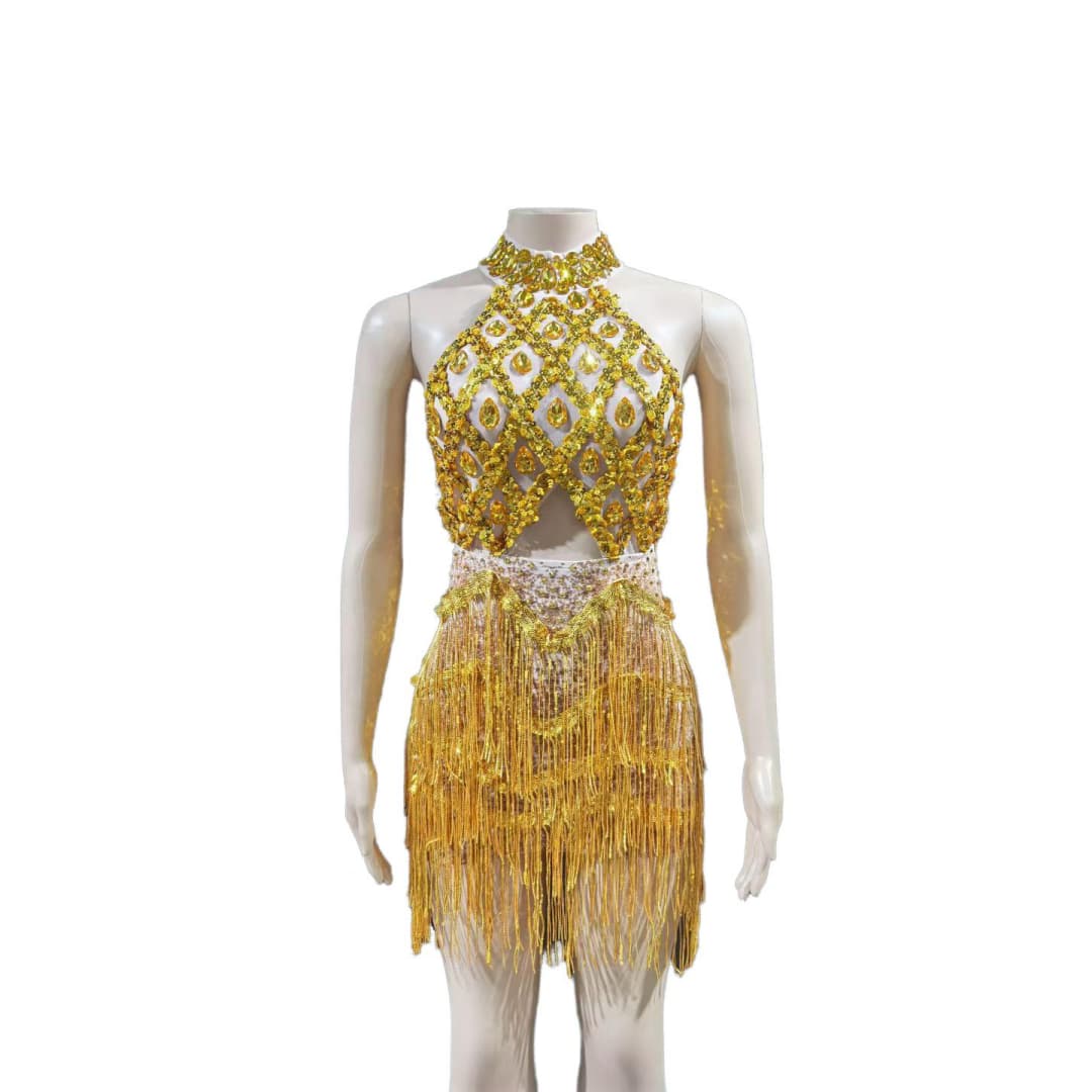 Rhinestone Mesh Hollow Sequin Fringe Dress - Silver Performance Costume for Party, Cosplay, Evening Gala - Halloweez