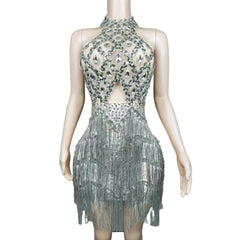 Rhinestone Mesh Hollow Sequin Fringe Dress - Silver Performance Costume for Party, Cosplay, Evening Gala - Halloweez
