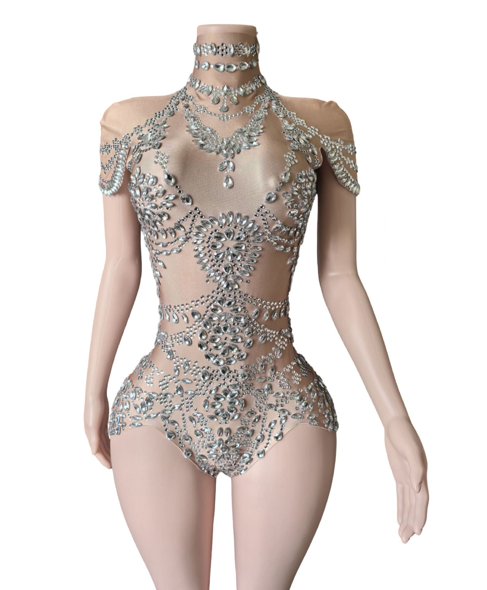Elegant Lace Mesh Gown Evening Party Dress with Crystal Rhinestones High Neck Sleeveless Sheer Grid Pattern Ball Gown - Halloweez