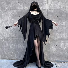 Mrs Addams Vampire Cosplay Dress, Custom Bat Sleeve Long Gown for Halloween Show